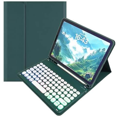 kaidisen Custodia con tastiera retroilluminata arcobaleno per iPad Mini 7 (A17 Pro)/Mini 6a generazione 7a generazione, 7 colori retroilluminati retrò, tastiera rotonda staccabile, colore verde scuro