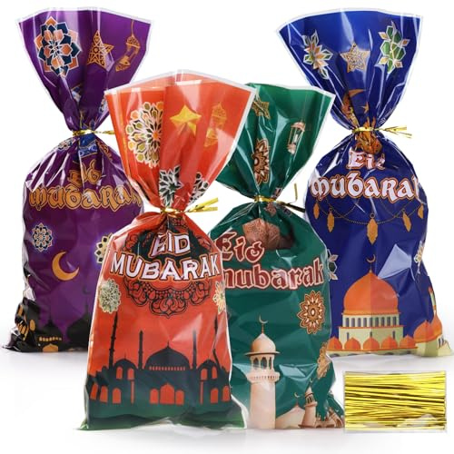 Bigqin 100 Stück Eid Mubarak Zellophantüten, 27 x 12,5 cm Ramadan Süßigkeiten Tüten Geschenktüten Plastik Verpackungstüten mit 120 Twist Krawatten für Eid Mubarak Partyzubehör - 4 Ramadan Thema
