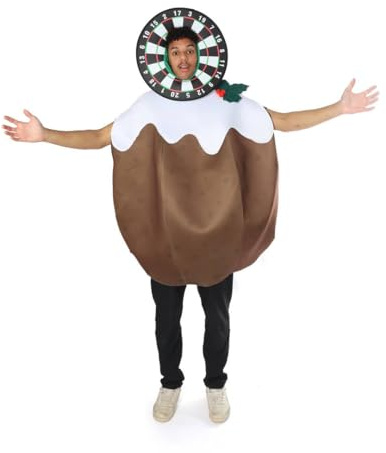 I LOVE FANCY DRESS Dartscheiben-Kostüm für Erwachsene, Pudding-Kostüm, brauner und weißer Pudding-Wappenrock und Dartscheiben-Hut mit Kapuze, Unisex, festliches Weihnachts-, Sport-Fanter-Kostüm