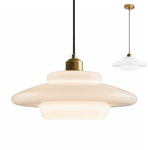 XIRYTU-H Mid-Century Milchglas-Pendelleuchte mit goldfarbenem Metallhalter, Vintage Hängelampe für innen, E27 Deckenleuchte für Kücheninsel, Esszimmer, Wohnzimmer (Weiß, A)