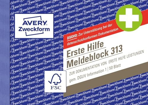 AVERY Zweckform 313 Erste Hilfe Meldeblock nach DGUV Information 204-020 (A6 quer, 50 Originale, Verbandbuch zur Dokumentation von Unfällen/Hilfeleistungen im Betrieb, von Rechtsexperten geprüft)
