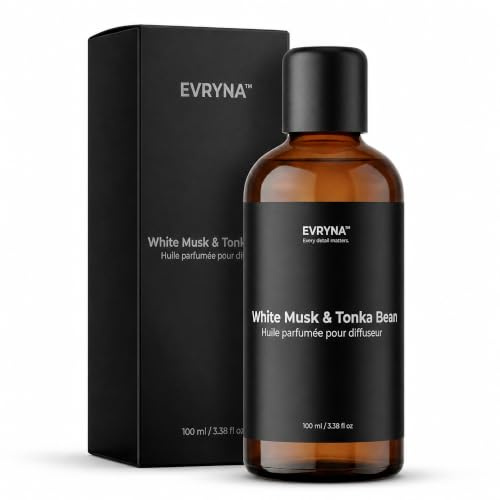 Huile essentielle 100 ml pour diffuseur – Parfum d’intérieur longue durée – EVRYNA (Musc & Fève Tonka/Ambre & Vanille/Santal & Tonka)