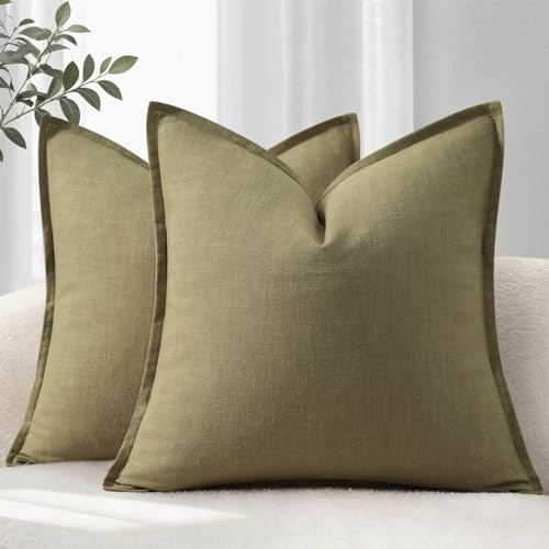 YCOLL Kissenbezug 40x40 2er Set Gemütliche Weiche Natur-Leinen Kissenhüllen Einfarbige Sofakissen Moderne Kissenbezüge mit Kante Dekokissen für Couch, Bett Wohnzimmer Olivgrün