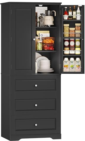 FOREHILL Küchenschrank Vorratsschrank mit 3 Schubladen und 8 Türregalen | Buffetschrank Mehrzweckschrank mit 2 Türen, für Küche, Esszimmer, Badezimmer und Wohnzimmer, 60 x 40 x 150 cm, Schwarz