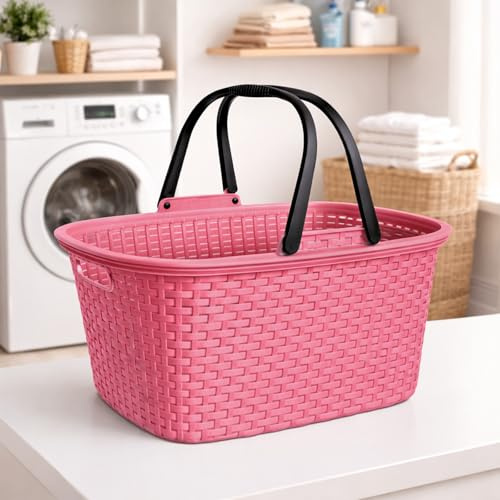 32 Liter Rattan Henkel Wäschekorb Wäschewanne Bügel Wäsche Plastik Griffen Kunststoff Korb (Pink)