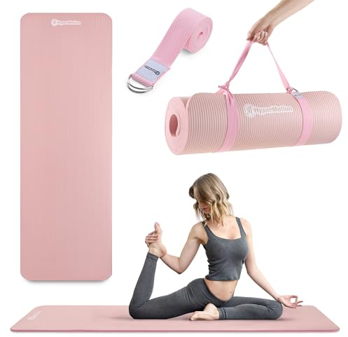 HyperMotion Yogamatte Fitnessmatte NBR 183x61x0,8 cm Schwarz, Rutschfest 8 mm, mit Tragegurt und Stretchband, Trainingsmatte für Yoga, Pilates und Workout (Rosa, 15mm)