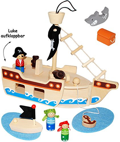 alles-meine.de GmbH Set - Piratenschiff aus Holz - incl. 10 Spiel Figuren - Holzschiff mit Geheim Versteck & aufklappbare Ladeluke/Piraten - Kapitän - Holzfiguren - Spielze..