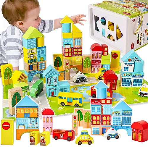 Onshine 62 Teile Bunte Holzbausteine, Bauklötze Holz, Koffer mit Formen Sortieren, Motorikspielzeug Holzspielzeug für Baby Kinder Jungen Mädchen ab 3 Jahre