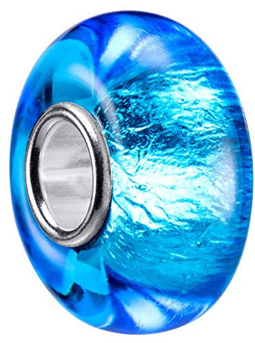 MATERIA Murano Glas Beads Perle blau aqua - 925 Silber Glasperle mit Glitzer-Folie für Armband #1429