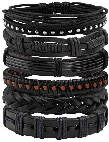 Manfnee 6Pcs Set di Bracciale Punk Vintage Gotico Rock Multistrato Pelle PU Uomo Donna Regolabile