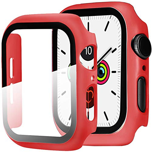 Miimall Glas Schutzfolie Kompatibel mit Apple Watch Series 3 / Series 2 38mm, PC Schutzhülle + Displayschutz, Ultra Dünn Vollschutz Anti Kratzfest Hülle für Apple Watch 38mm - Rot