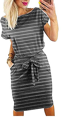 Smile Fish Women's Striped Elegant Short Sleeve Midi Dresses Pockets Casual Pencil Dress with Belt (5560S,Dark Grey,L)