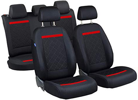 Zakschneider Sitzbezüge für RAV4 – 1 Set - Farbe Premium Schwarz Gepresstes Karomuster mit Roten Strich