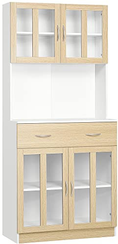 HOMCOM Modern Kitchen Cupboard, Freestanding Storage Cabinet Hutch with Central Drawer, 2 Glass Door Cabinets and Countertop, 180cm