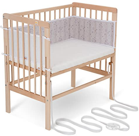 FabiMax Baby Beistellbett für Boxspringbetten, stufenlos höhenverstellbar, Buchenholz massiv, Natur (Matratze Comfort, Graue Blümchen)