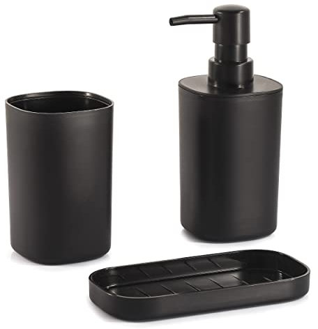 MSV Bad Accessoires 3-teilig - Seifenspender, Seifenschale, Zahnputzbecher Lona Schwarz matt