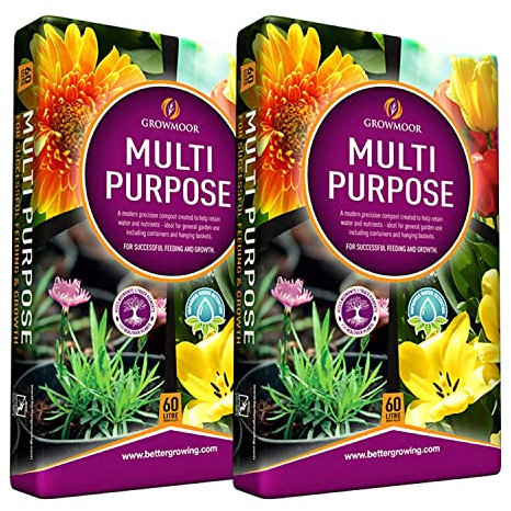 Multi-Purpose Growmoor Compost Soil Contains Nutrients for Plants - Nutrient Rich Compost Mix for Potting, Growing Garden, Plant Beds, Hanging BasketsOutdoor, Indoor Seed Plants (2, 60L)