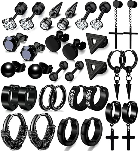 16 Pairs Men Earrings Set -Stainless Steel Cross Dangle Hoop & Ear Stud Fashion Piercing Jewelry for Birthdays, Parties & More (Black)