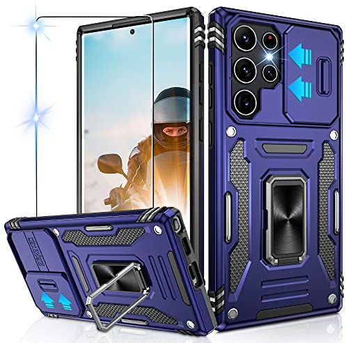 Jshru for Samsung S22 Ultra 5G Case with Slide Camera Cover [Camera Protection],Military Grade Shockproof S22 Ultra Case with Ring Kickstand, Anti-Scratch Cover for Samsung Galaxy S22 Ultra,Blue