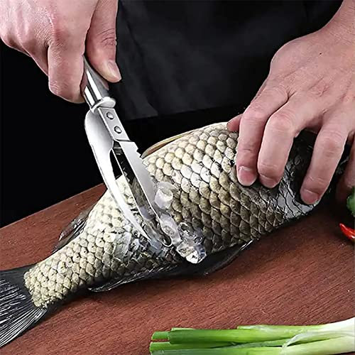 Breadom 3-in-1 Fish Scaler Remover Meat Cleavers Fish Knife Hanging Stainless Steel Fish Peeler Open Belly & Dig Out Fish Cleaner Efficient Fish Descaler Tool for Home Kitchen