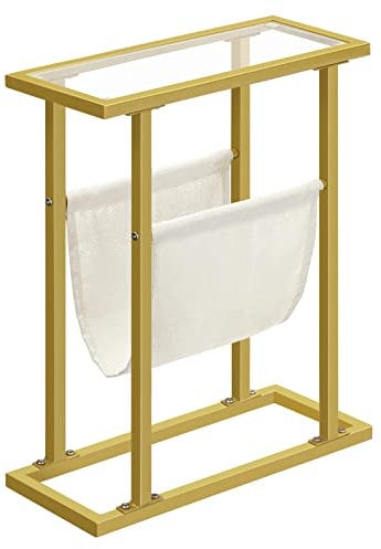 HOOBRO Beistelltisch, schmaler Bett-Beistelltisch, Beistelltisch aus gehärtetem Glas, Kleiner Beistelltisch mit Zeitschriftenhalter, Sofa-Beistelltisch für Wohnzimmer, platzsparend, Gold EGD78BZ01