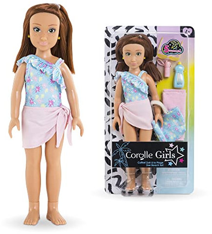 Corolle Girls Zoe Beach Set, Ankleidepuppe im süßen Beach Outfit und 5 Teile, Vanilleduft, 28cm, ab 4 Jahre
