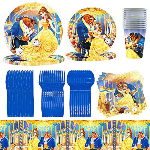 Beauty and the Beast Tableware - 81 Pcs Princess Party Supplies, Include Plates Cups Napkins Tablecloth (10 Guests)
