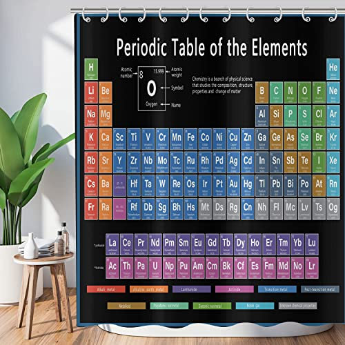 ASDCXZ Cortina de Ducha Tabla Periódica 120x180 cm, Tabla Periódica Negra de Elementos Cortinas de Ducha Lavables Textil de Cortina Ducha de Baño Impermeable con 8 Ganchos