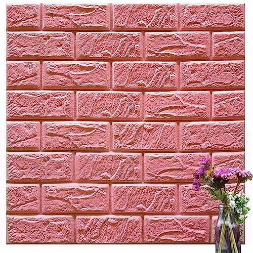 DAZZLEEX 3D Self-Adhesive Tile Stone Brick, Floor Stickers Waterproof Oil 30 * 30cm Wall Sticker Soft Foam Panels For Bathroom Kitchen,Pink