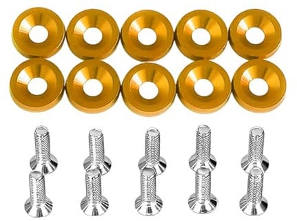 JNNJ 10 PCS M6 Kotflügelscheibe Motorraum Dress up Kit, Universal Eloxierte Aluminium Unterlegscheiben, Aluminium Kotflügel Stoßstange Scheibe Schraube(Gold)