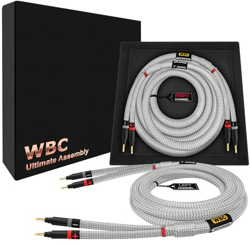 WORLDS BEST CABLES 25 Foot Ultimate - 7 AWG - Ultra-Pure OFC – Extra Premium Audiophile HiFi Speaker Cable Pair with Eminence Gold Banana Plugs & Silver Tweed Jacket