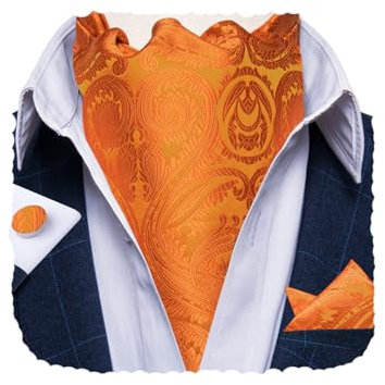 DiBanGu Herren Krawatte, zum Selbstbinden, Jacquard, gewebt, Paisleymuster, Ascot, Krawatte und Einstecktuch, Manschettenknöpfe, formell, lässig, Orange Paisley, Einheitsgröße