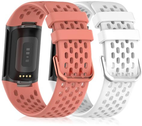 Niboow Armband für Fitbit Charge 6/Charge 5, Silikon Sport Ersatzband, Weich Herren Damen Uhrenarmband Ersatzarmband Armbänder für Fitbit Charge 6/Charge 5 - Rosa + Weiß