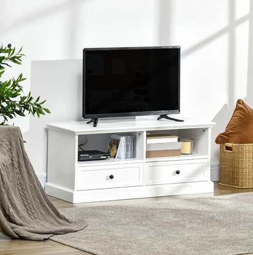 White TV Stand Shabby Chic Media Storage Cabinet Country Wood Furniture Small 2 Drawers Vintage French Style Shelf Unit Television Entertainment Centre
