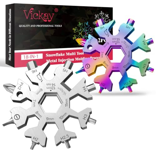 Vickay 18 in 1 Snowflake Multi Tool, EDC Camping Gear, Gifts for Men | Stainless Steel Phillips Flat Screwdriver Kit, Wrench, Bottle Opener, Keychain Tools, Stocking Stuffers-Colorful+Silver