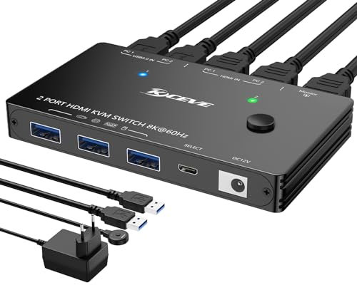 KVM Switch 2 PC 1 Monitore USB 3.0 HDMI KVM Switch 8K@60Hz 4K@120Hz für 2 PCs teilen sich 1 Monitore und Tastatur Maus Drucker mit Fernbedienung und USB3.0 Kabeln