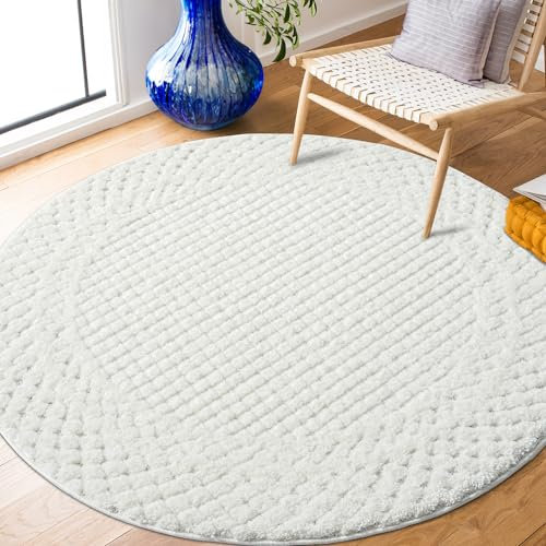Teppich Rund - Hochflor - Boho - Pastell Creme - 120x120cm - Einfarbig - Modern Raute Muster- Skandinavisch Flauschig Weich - Wohnteppich Schlafzimmer Dekoration