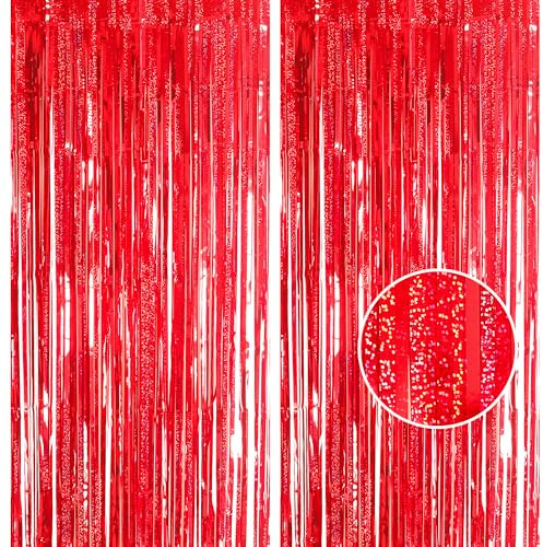 Lametta Vorhang Rot Glitzer, 2 Stück 1x 2.5m Metallische Glitzervorhang Geburtstag Folien Fransen Vorhänge Tinsel Curtains für Disco Party Halloween Weihnachten Hochzeit Festivals Bühnendekor
