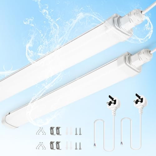 LED Batten Light 2FT 60cm, 2 Pack Plug-in Ceiling Light 1,660 lm 6500K IP65 Waterproof, Wall Light for Shed Loft Workshop Office Bedroom Kitchen Tube