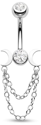 CM Crareesi Mania Mondphase Bauchnabelpiercings baumelnd Doppelkette 14 Gauge Opal/CZ Bauchnabelpiercing 316L Edelstahl Bauchnabelpiercing Schmuck für Frauen