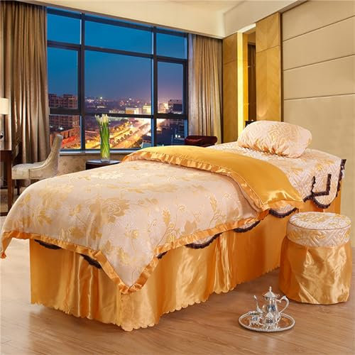 Surwin Drap Housse de Protection 4 Pièces pour Table de Massage, Housse Table Massage avec Trou Drap de Lit Massage SPA Elastique Couverture de Table de Salon de Beauté (80x190cm,Jacquard/Or)