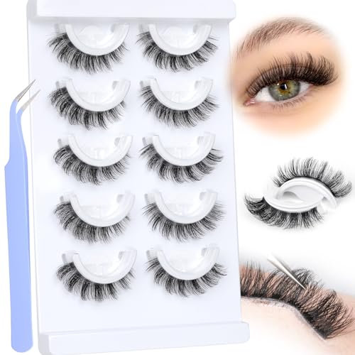 Self Adhesive Eyelashes Natural Look Self Adhesive Lashes with Clear Band No Glue Needed Mink False Lashes Self Adhesive Fluffy Reusable Cat Eye Lashes 5 Pairs Pack Easy to Use by calphdiar
