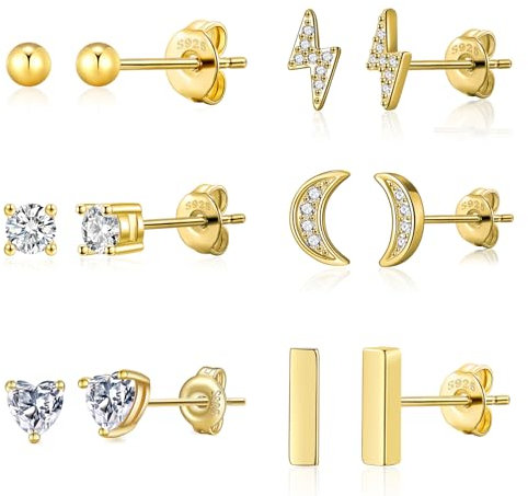 Goldene Ohrstecker für Damen, Ohrstecker-Sets aus Sterlingsilber für mehrere Piercings, hypoallergene Ohrstecker, Mond, Herz, Kreis, Blitz, CZ-Ohrstecker, Kugelohrstecker