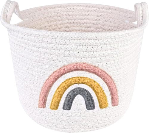 Regenbogen Korb aus Baumwollseil, Aufbewahrungskorb Kinder,Gewebter Aufbewahrungskorb für Spielzeug, Wäsche- und Decken-Organizer, runder Geschenkkorb mit Griffen für Kinderzimmer