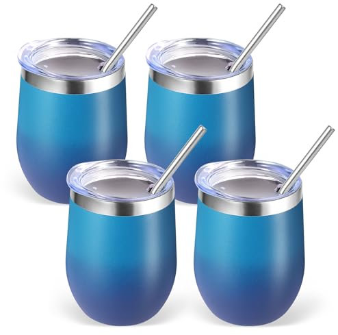 Volhoply 12oz Edelstahl Weinbecher mit Deckel Bulk 4 Pack,350ml Doppelwandige Vakuum Stemless Weingläser,Metall Reise Kaffee Becher mit Strohhalm,Isolierte Tasse Geschenke(Dunkle Nacht,4 Set)