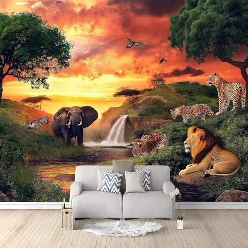 Fototapete Dschungeltiere Bei Sonnenuntergang Wandtapete Tapete für verschiedene Räume 250 x 175 cm Vliestapete Schwarz Orange Wanddekoration in Wohnzimmer Schlafzimmer küche Flur