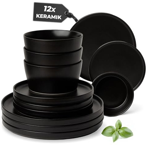 MIAMIO – Geschirrset 4 Personen / 12-teiliges Steingut Modern/Tafelservice – Spülmaschinen- und Mikrowellenfest - Luxe Kollektion (Schwarz, Geschirrset (12x))