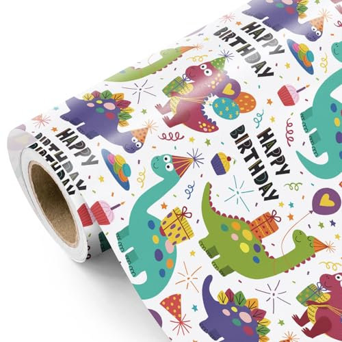 WRAPAHOLIC Dinosaurier-Geschenkpapier – Mini-Rolle – 43,2 cm x 5,2 m – Happy Birthday Geschenkpapier perfekt für Kinder, Mädchen, Jungen, Babypartys, Dino-Liebhaber