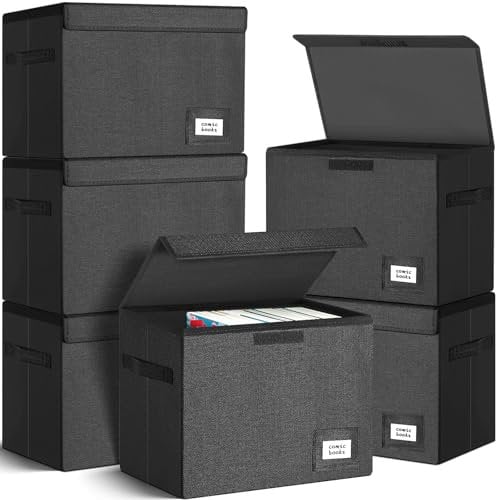 Leffis 6 Pack Comic Book Storage, Collapsible and Stackable Comic Short Box, Moistureproof Comic Box with Lid and Label Slot 15.5 X 7.5 X 11.3 Holds 150 Comics