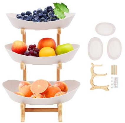 ROGONPDK 3 Etagen Obst Etagere | 3 Stöckig Obstschale Keramik Porzellan Obstteller | Oval Natürlichem Bambusholz Ständer Obstkorb | Frucht Snack Tortenständer Snack Dessert Tablett (Beige)